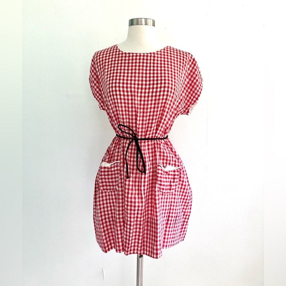 Vintage 40’s red & white gingham plaid cotton tunic shirt dress pop over top